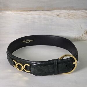 Salvatore Ferragamo Dark Green Belt with Gold Buckle